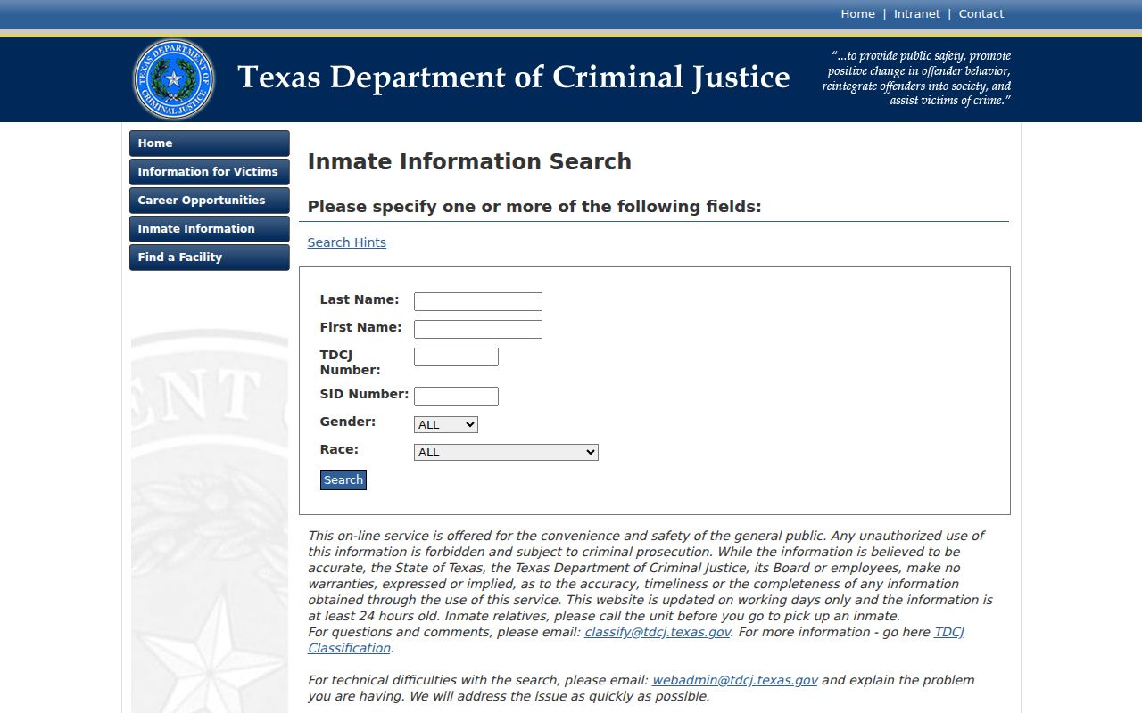 Jim Hogg County arrest lookup using TDCJ prisoner search fields